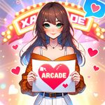 Create an image in an anime style: A beautiful and stylish girl with confidence, holding a sheet of paper in front of her with a drawn heart. The word 'Arcade' is written in the center of the heart in Russian. The girl is fashionably dressed and looks cool. The background is bright and attractive, suitable for a VK conversation.