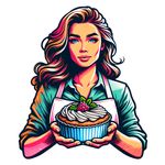 Logo for a telegram channel: A beautiful young woman, who is a baker, holds a lovely cake-pie in her hands. Sketch this in the art style that combines vivid colors and bold outlines, similar to the pop art movement.