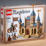 A medieval Lego set, the box is decorated with a design in the style of drolleries marginalia