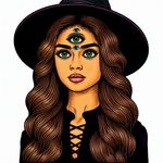 Generate a vibrant, doodle-style illustration of a young South Asian woman with unique, long brown hair. She has an intriguing characteristic, three eyes, arranged normally with an extra eye notably embedded in her forehead. The eyes are captivatingly represented as mere dots. She's dressed in a characteristic black witch attire complete with a traditional witch hat and matching sleek black booties.