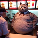 A humanoid character resembling a cat with grey tabby fur, a chubby body, and a grumpy expression, working at a fast food restaurant similar to Wendy's.