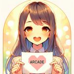 Generate an image in an anime-style aesthetic: a beautiful girl, with a broad smile, is holding a piece of paper in front of her. On this paper, a heart shape is drawn and inside it, the word 'Arcade' is inscribed. The backdrop is light and cheerful, with soft hues that create a warm atmosphere.