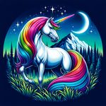 A pristine white unicorn with a vibrant neon rainbow horn, and bright rainbow mane and tail stands proudly in the grass. A mountain, dense forest, and a dark blue starry sky with a crescent moon form the backdrop. The image is vivid and of high quality, styled similar to an old medieval book illustration.