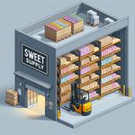 Generate an image of a confectionery company's warehouse named 'Sweet Supply' with 3-tier pallets and a Toyota stacker. The warehouse has gray walls and covers an area of 300 sq meters.