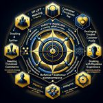 Imagine an image that illustrates the necessity of a team focusing on creating a variety matrix, customer decision tree, client profile, and employee profile. This image should depict how such a team improves the customer experience across multiple development directions. Composition: At the center of the image, place a geometrical figure such as a circle or hexagon symbolizing the team. Surrounding the central figure, place the team's work directions, each emphasized visually. Uplift modeling: forecasting the effectiveness of promotions and offers. Recommender systems: personalizing products/services for the client. Dealing with troubled customers: identifying and resolving problematic situations. Working with negative customer experience: analyzing feedback and improving interaction. HR analytics: creating employee profiles to enhance their productivity. The image has a black background, with possible additions of yellow and blue colors.