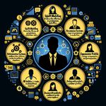 Create an image illustrating the necessity of an assortment matrix team, customer decision tree, customer profile, and employee profile. Show in the picture how such a team improves customer experience across multiple development directions. Composition: Position a shape (like a circle or a hexagon) in the middle of the image symbolizing the team. Encircle the central figure with the team's areas of work, each distinctly visual: Uplift Modelling predict the effectiveness of promotions and offers; Recommendation systems personalize products/services for the customer; Dealing with problematic customers identify and resolve problematic situations; Dealing with negative customer experiences analyze feedback and improve interaction; HR analytics create employee profiles to enhance their productivity. Use a black background, possibly with yellow and blue colors.