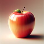 Visualize a ripe apple, bathed in soft light. It sits alone, possessing a radiant, glossy skin, the shade of a beautiful sunset. The apple's surface captures the pristine and balanced shape of nature's bounty. The stem on top is short, reaching upward like a proud flag, and the color transitions from deep red to gentle yellow towards the bottom. It has a single verdant leaf attached near the stem, suggesting it was recently plucked from a tree. A perfect symbol of health, nutrition, and culinary satisfaction.