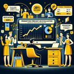 Illustrate a modern promotion forecast and evaluation system at work. Show a computer screen with a well-organized control panel featuring graphs, efficacy indicators for various promotions, and predictions for new promotion strategies. Include an operator who looks confident and engaged, actively interacting with the system, perhaps pressing comprehensible buttons or checking results. In the background, show satisfied clients holding their mobile phones with deals tailored to their needs (i.e. '20% discount on additional internet'). The clients are clearly ecstatic, smiling, and carrying about making purchases from the company. Include graphic elements like an arrow or path indicating how the 'data' on the screen translates into successful campaigns reaching the clients. Feel free to add symbols of efficacy, such as a growing chart or a '+' symbol for profit. The scene should be set against a black background, possibly with yellow and/or blue accents.