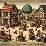 An image inspired by 13th century drolleries marginalia, featuring anthropomorphic animal villagers partaking in daily activities in a quaint village, reminiscent of the video game 'Animal Crossing'. The scene might include a fox merchant selling wares, a bear smith working at the forge, or a bird musician playing a lute, among others. The overall style should display the characteristic humor and whimsy of these historical illustrations.