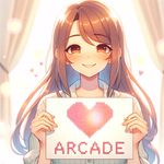 Create an image in the style of an anime: a beautiful girl with a smile is holding a piece of paper in front of her with a drawn heart. In the center of the heart, the word 'Arcade' is written. The background is light and joyful, with soft shades creating a warm atmosphere.