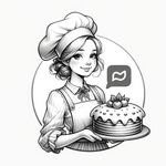 Logo for a telegram channel: 'Bakery from Childhood'. A beautiful young baker is standing while holding a lovely cake-pie. The style is pencil-drawn by a professional artist. No text is included in the image.