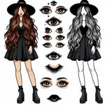 Generate a detailed and colorful doodle-styled image of a young woman who possesses a unique feature, three eyes, with the third one situated in the center of her forehead. Her long hair cascades down her shoulders in hues of chestnut brown, providing a contrast to her outfit that's reminiscent of a dark, mystical attire of a witch. This attire includes a chic dress in stark black, a wide-brimmed witch's hat, and rounded black booties. Her eyes, including the extra one, should be represented as mere dots.