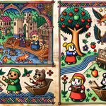 Create an image capturing an Animal Crossing scene in the style of very peculiar and low-quality doodles often found in the margins of medieval manuscripts. Emphasize on vibrant colors, cartoon-like characters and a style that contrasts sophisticated scenery with simple, misshapen figures.