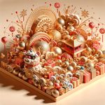 A 3D abstract image representing the Chinese New Year, decorated with holiday toys. Aspect ratio 16:9.