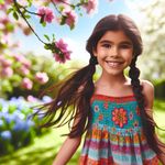 Create an image of a young girl of South Asian descent with long dark hair braided in pigtails. She wears a vibrant summer dress with floral patterns, playing in a colorful blooming garden under a serene blue sky. Her smile is radiant as she enjoys the sunlight on a beautiful, pleasant day.