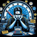 The image represents the current situation where the technical equipment of employees often breaks down, leading to negative consequences: Depict a cellular operator employee who appears worried and disappointed because their computer or terminal has broken down, preventing them from performing their duties. In the background there are clocks showing how time is spent waiting for repairs, which results in delays in customer service. Add graphic elements such as scattered notifications about breakdowns and missed calls from customers to visually emphasize how equipment failures affect work. Utilize a black background, possibly with yellow and or blue colors.